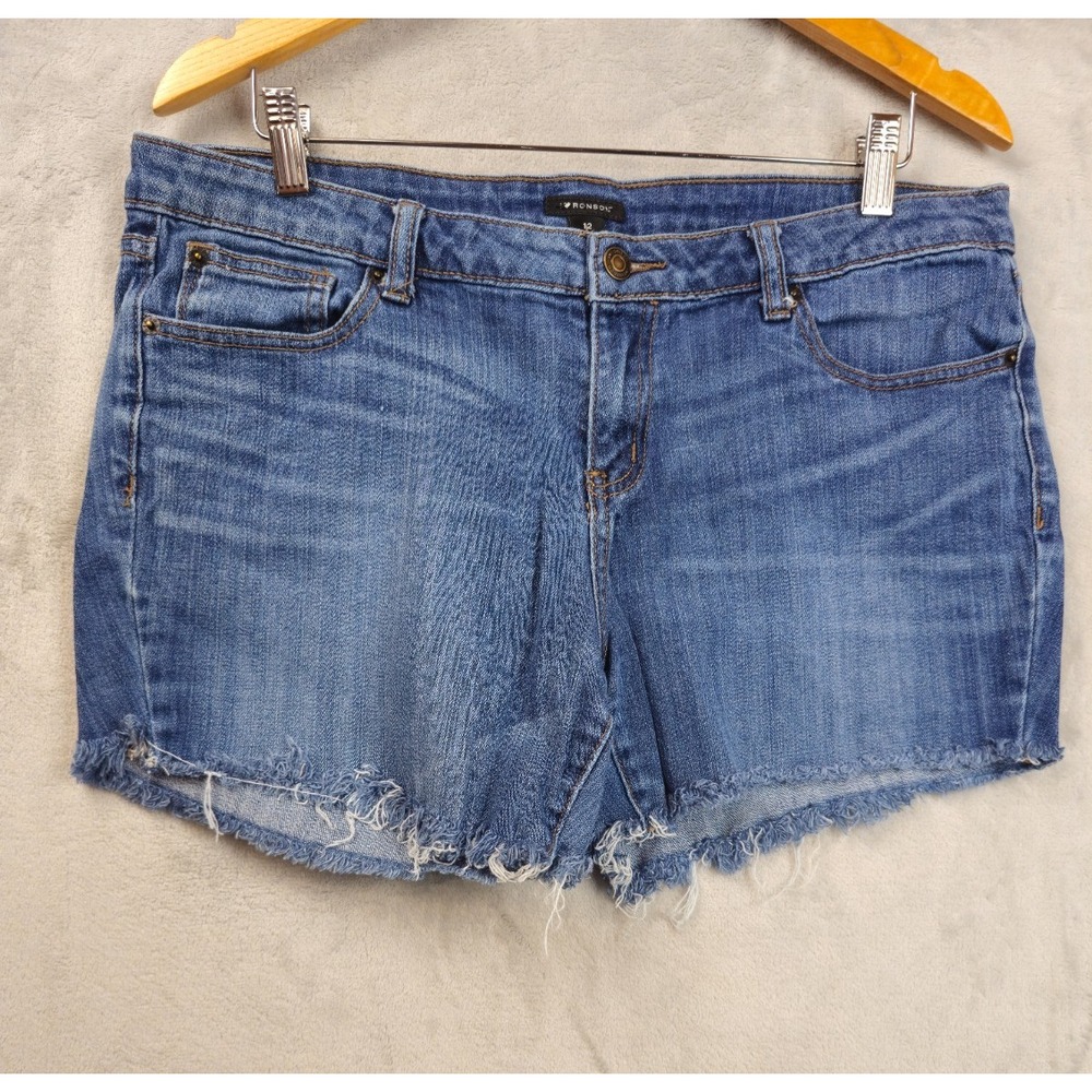 Ronson Women's Blue Denim Shorts Size 12 Mid Rise Stretch 5-Pocket Raw Hem